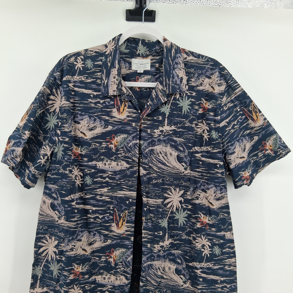 Lucky Brand Navy Blue Tropical Surf Print Camp Shirt